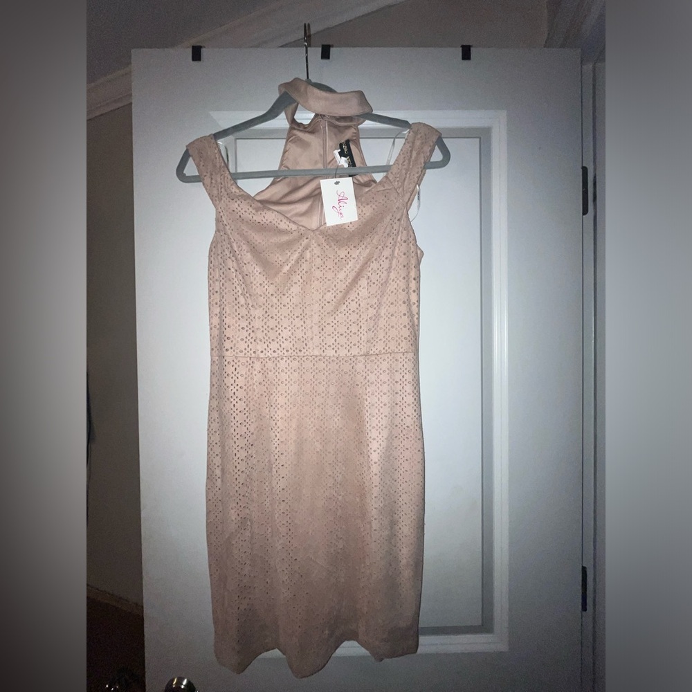 Pinkish cream choker suede mini dress with beautiful cutout details.